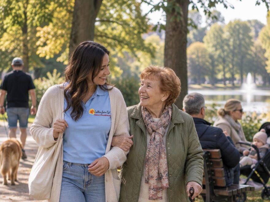 Betreuungskraft von Wolkenfreie Zeit geht eingehakt mit einer Seniorin im Park spazieren