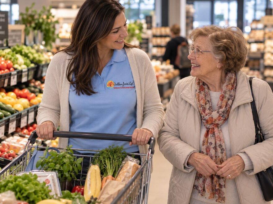 Betreuungskraft von Wolkenfreie Zeit kauft gemeinsam mit einer Seniorin im Supermarkt ein