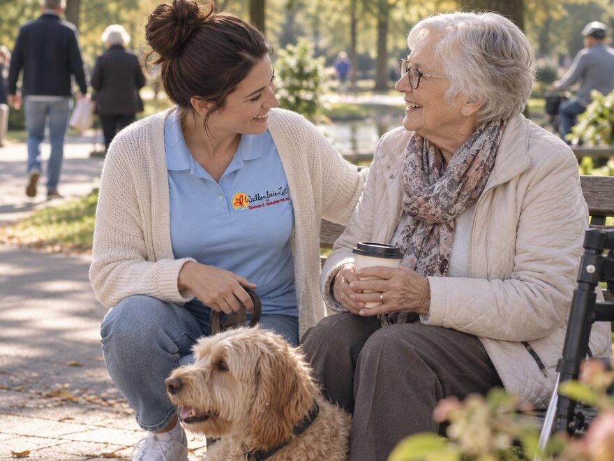 Betreuungskraft von Wolkenfreie Zeit sitzt mit einer Seniorin und ihrem Hund im Park